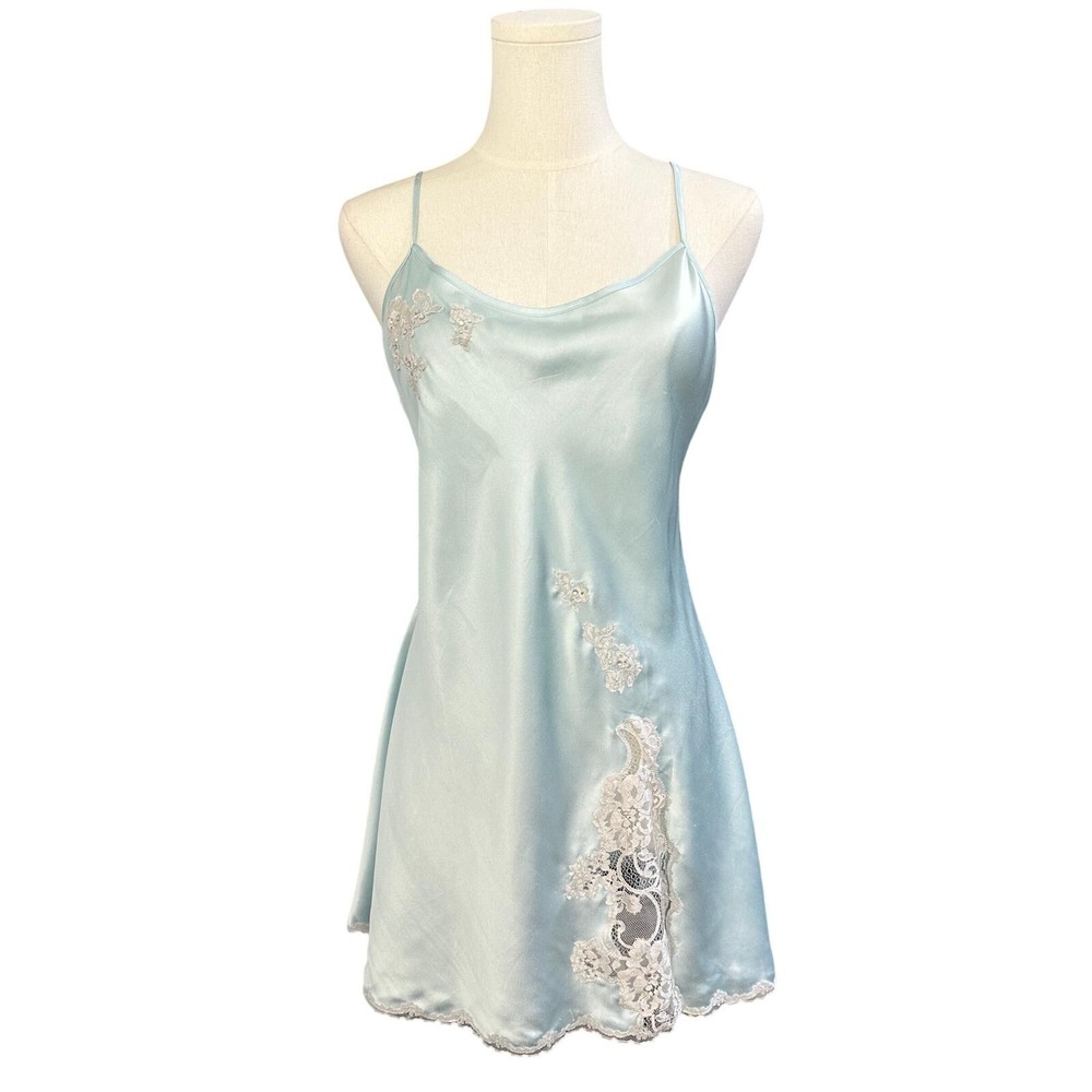 Y2K Victorias Secret Slip Dress Rare Icy Blue Lace Jeweled Coquette Romantic